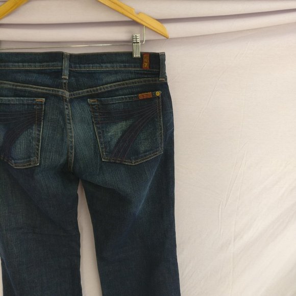 7fam Dojo Bootcut Jeans dark wash embroidered Logo Waist 29 stretchy =16-17.5" - Picture 4 of 5